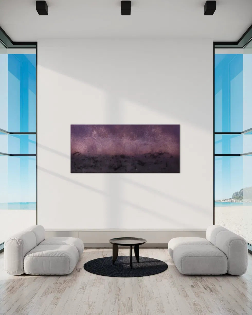 Tableau abstrait L'Horizon des possibles de Vanessa Seconde mis en situation dans un intérieur contemporain lumineux, peinture grand format 180x80 cm en violet et rose