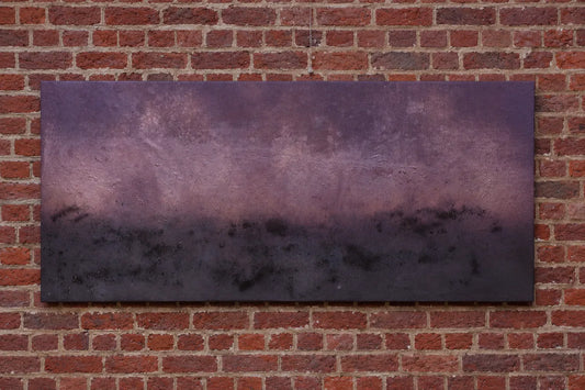 Photo originale de la toile L'Horizon des possibles, peinture abstraite technique mixte, matière texturée en violet profond et rose, 180x80 cm, Vanessa Seconde 2025